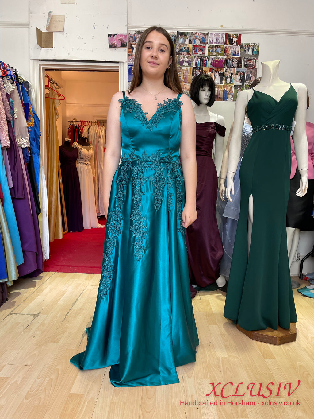 Teal Lace Satin Train Prom Dress – XCLUSIV Horsham (view 2)
