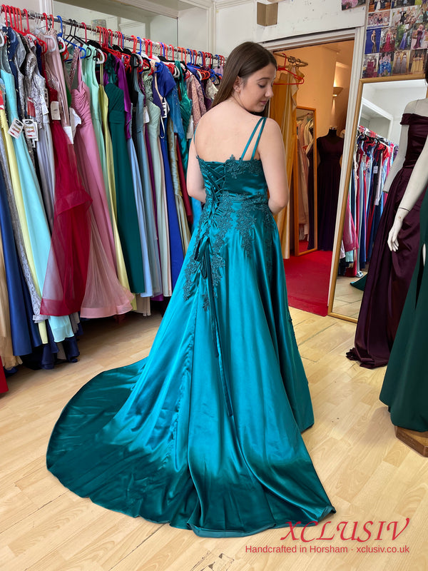 Teal Lace Satin Train Prom Dress – XCLUSIV Horsham (view 3)