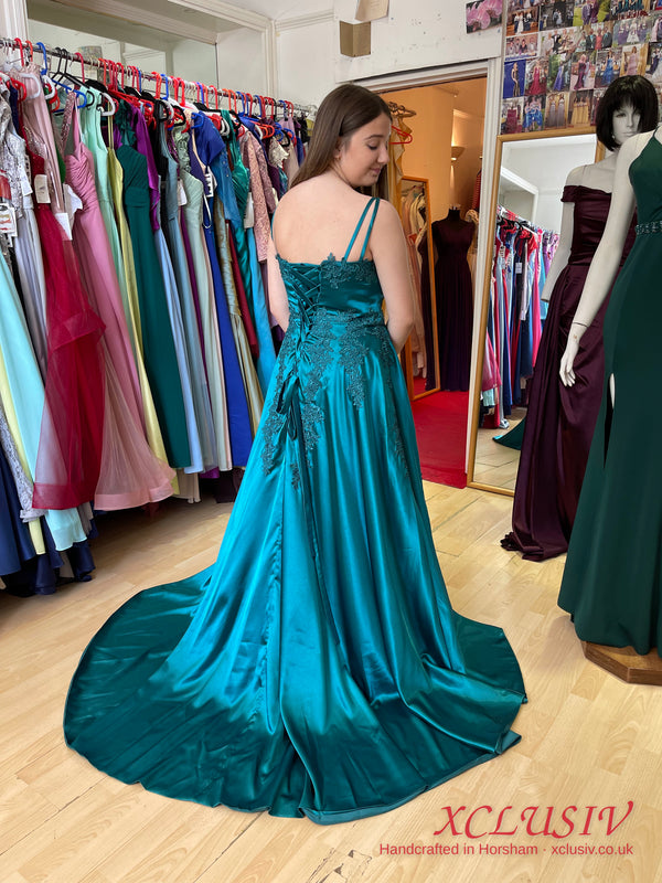 Teal Lace Satin Train Prom Dress – XCLUSIV Horsham (view 4)