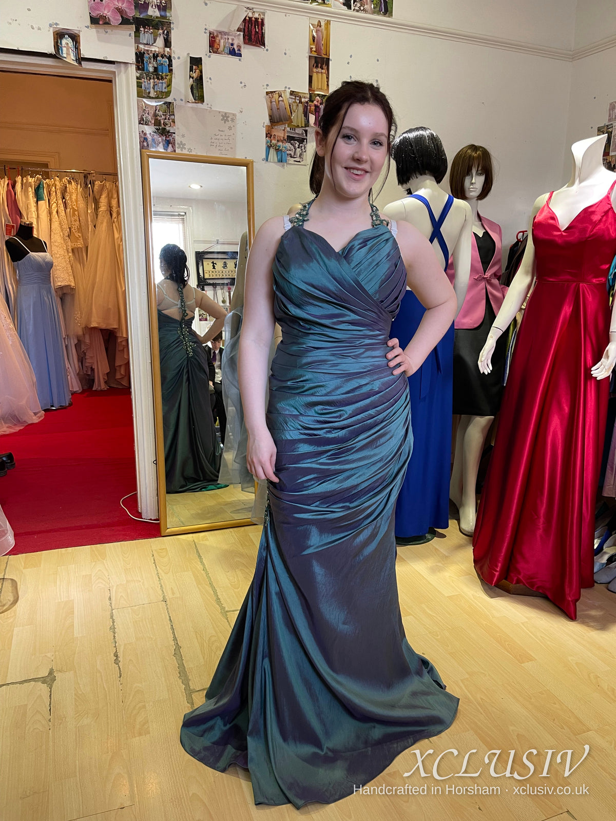 Teal Shot Taffeta Beaded-Back Mermaid Prom Dress – XCLUSIV Horsham (view 2)