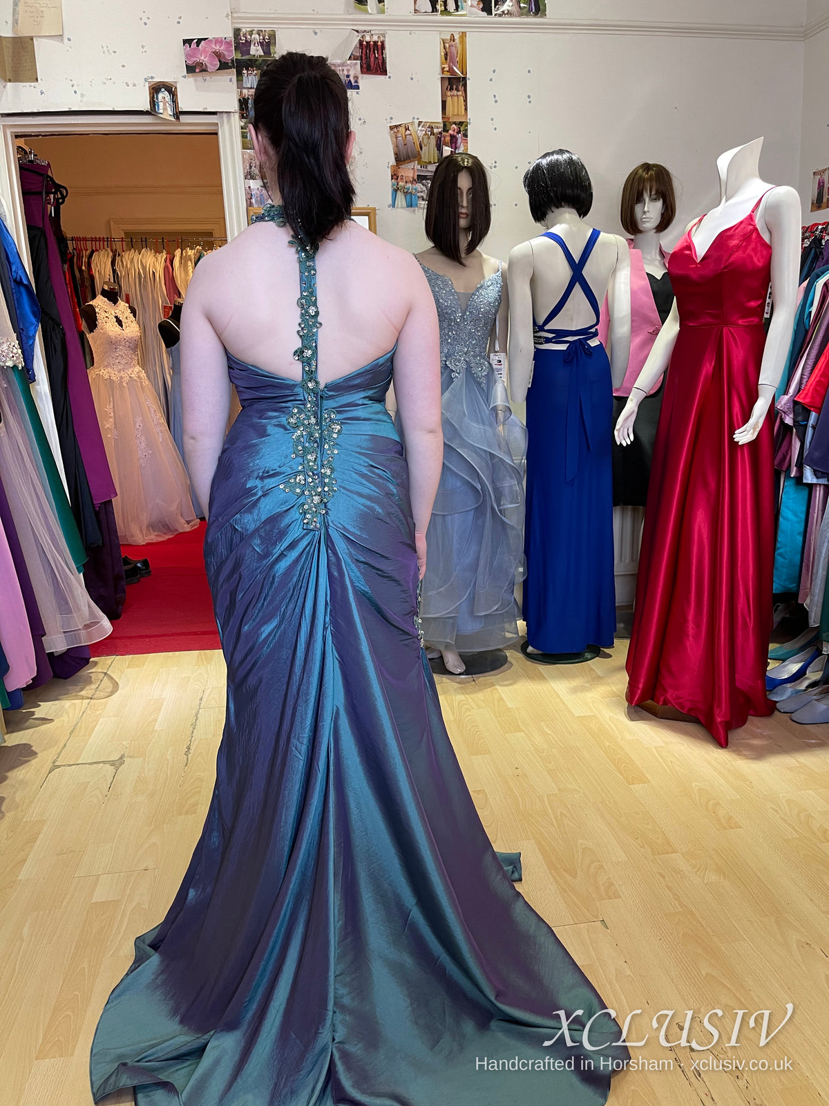 Teal Shot Taffeta Beaded-Back Mermaid Prom Dress – XCLUSIV Horsham (view 3)