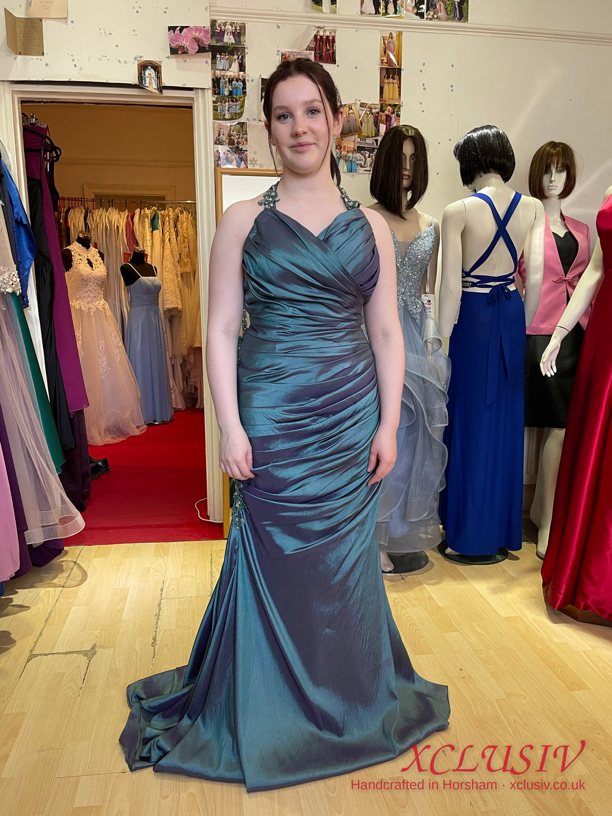 Teal Shot Taffeta Beaded-Back Mermaid Prom Dress – XCLUSIV Horsham (view 4)