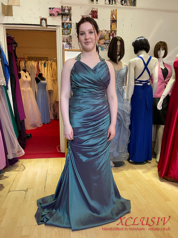 Teal Shot Taffeta Beaded-Back Mermaid Prom Dress – XCLUSIV Horsham (view 4)