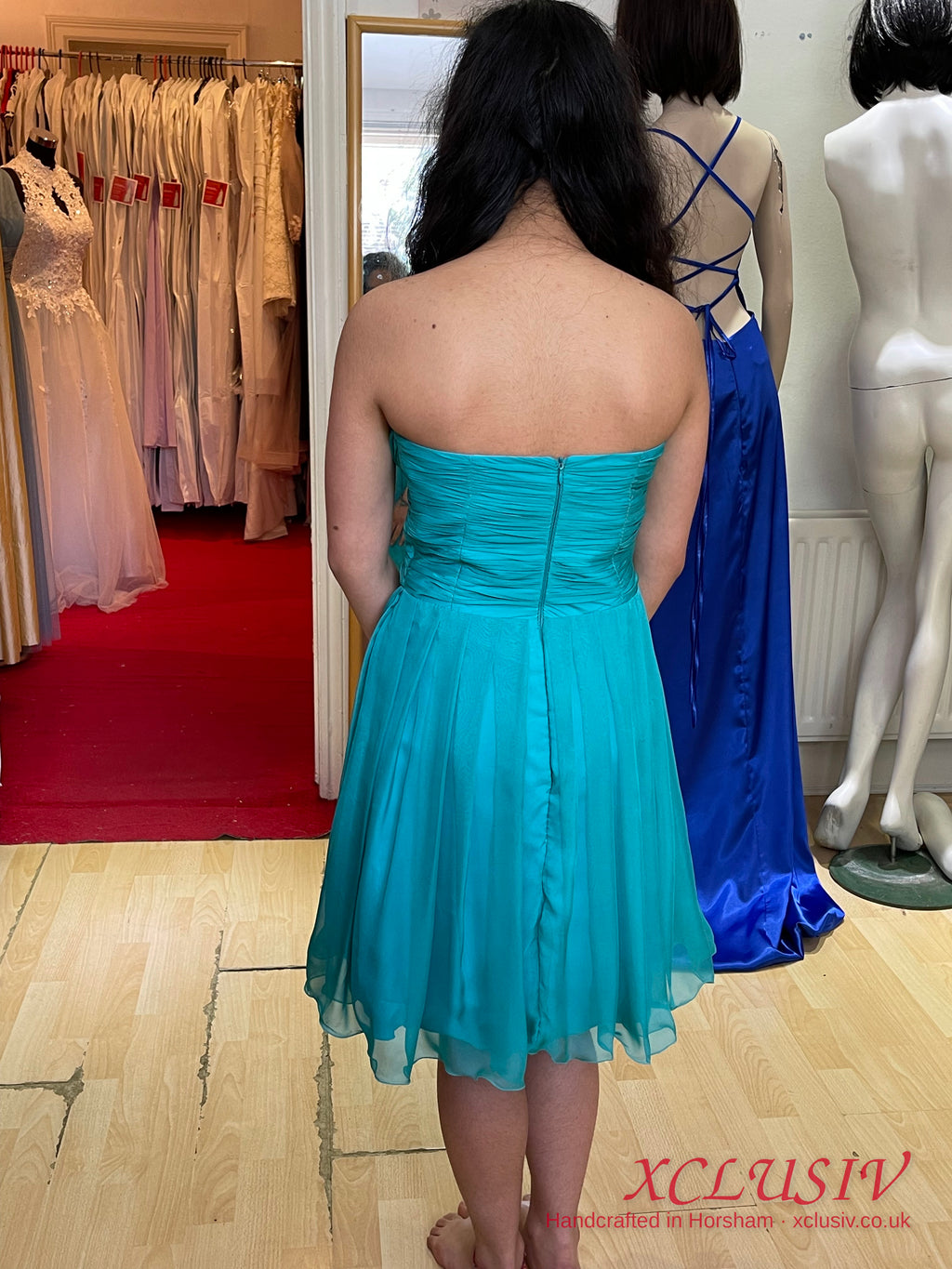 Turquoise Chiffon Strapless Short Prom Dress – XCLUSIV Horsham (view 4)