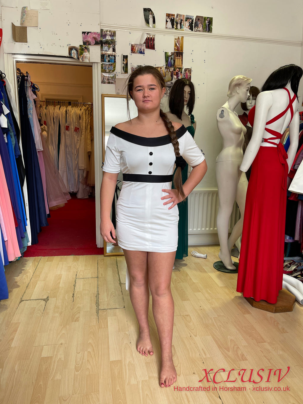 White & Black Bardot Short Prom Dress with Bow – XCLUSIV Horsham