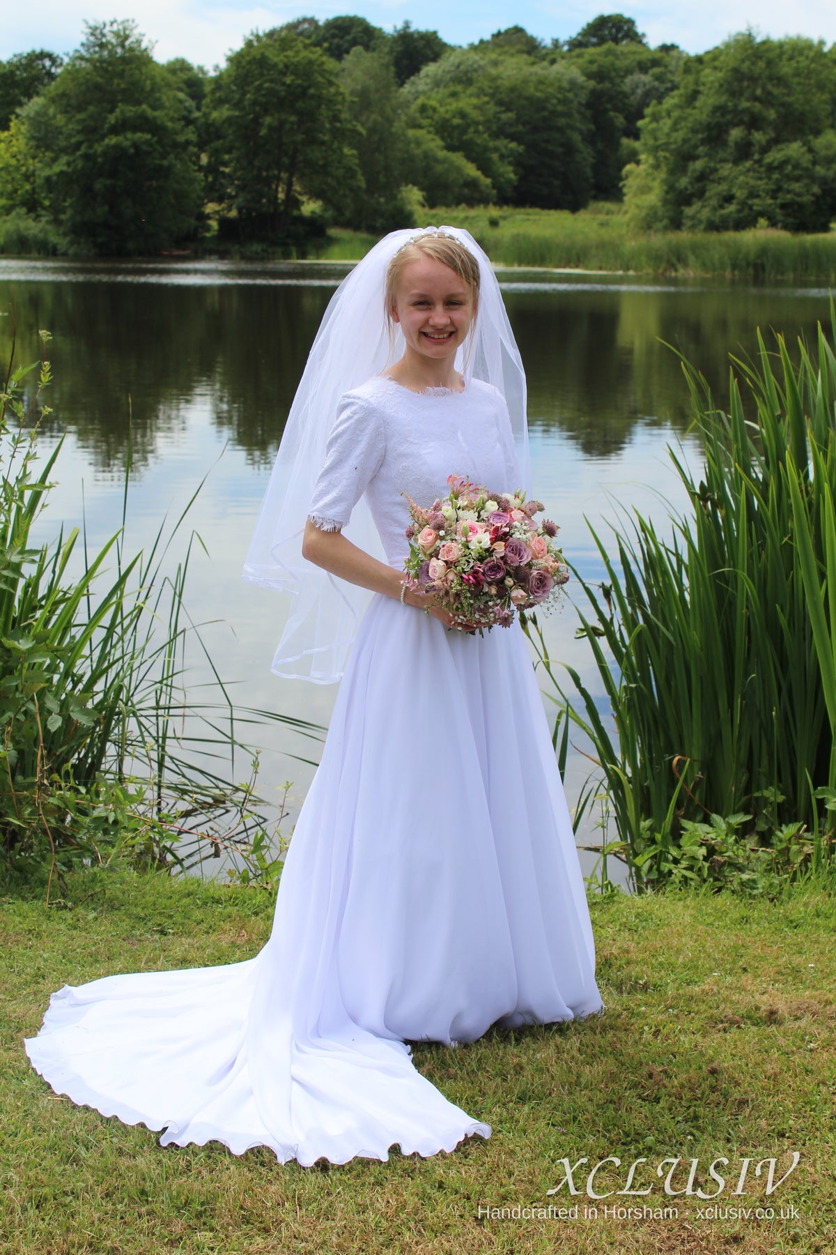 Modest White Chiffon Short-Sleeve Wedding Dress – XCLUSIV Horsham (view 2)