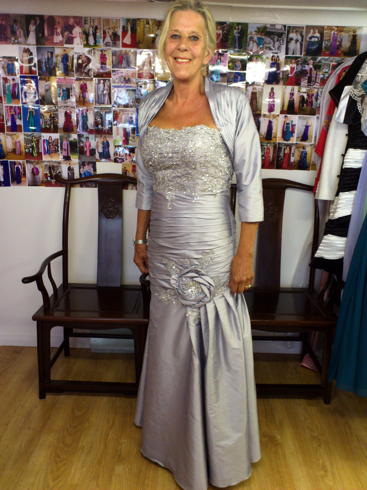 Silver dupion silk fishtail dress with bolero - XCLUSIV Horsham