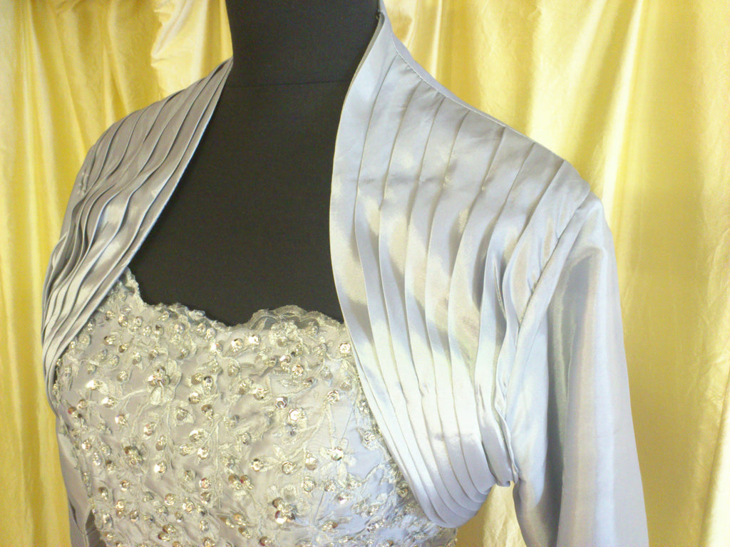 Bespoke Silver Dupion Silk Fishtail Dress & Bolero – XCLUSIV Horsham (view 7)