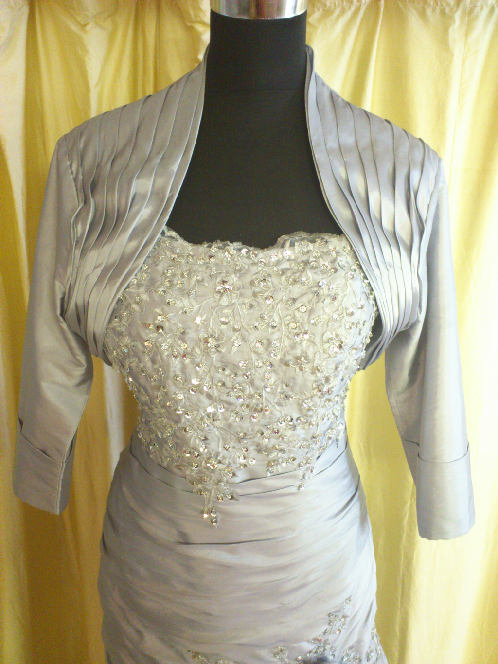 Bespoke Silver Dupion Silk Fishtail Dress & Bolero – XCLUSIV Horsham (view 6)