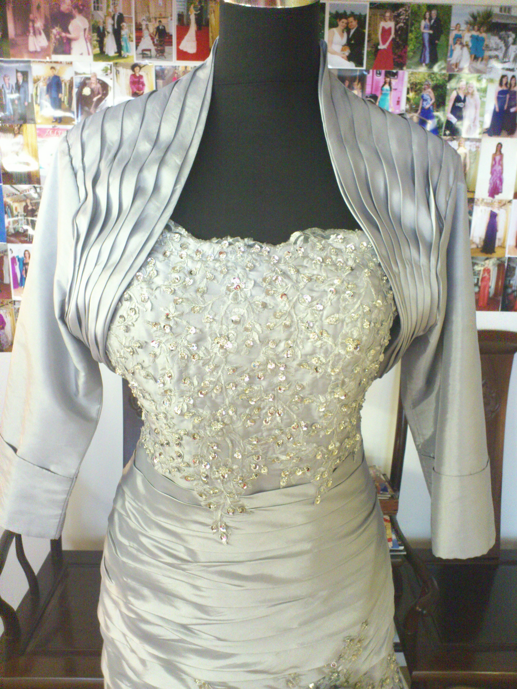 Bespoke Silver Dupion Silk Fishtail Dress & Bolero – XCLUSIV Horsham (view 9)