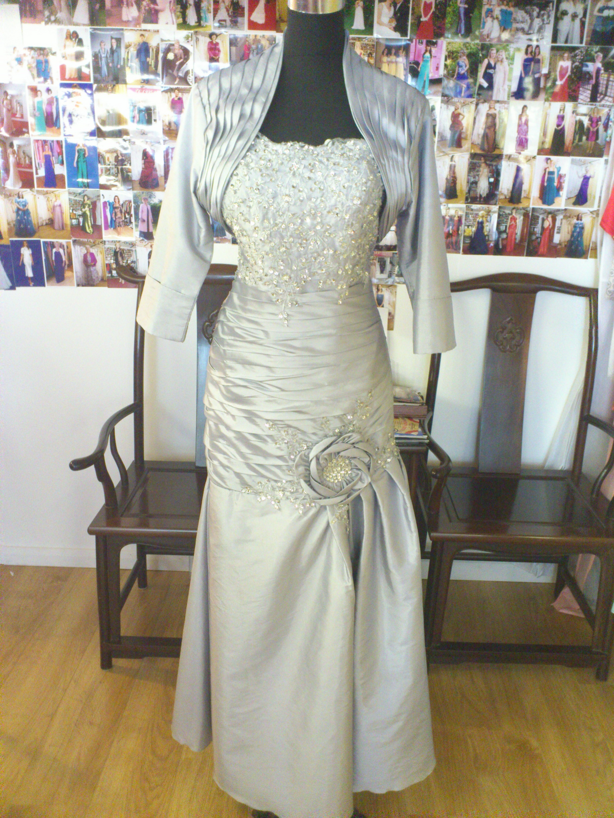 Bespoke Silver Dupion Silk Fishtail Dress & Bolero – XCLUSIV Horsham (view 8)